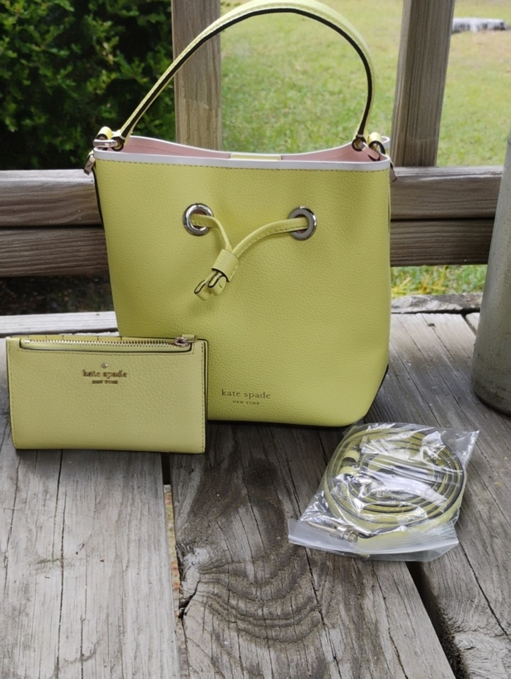 kate spade lemon yellow mini bucket bag with matching wallet